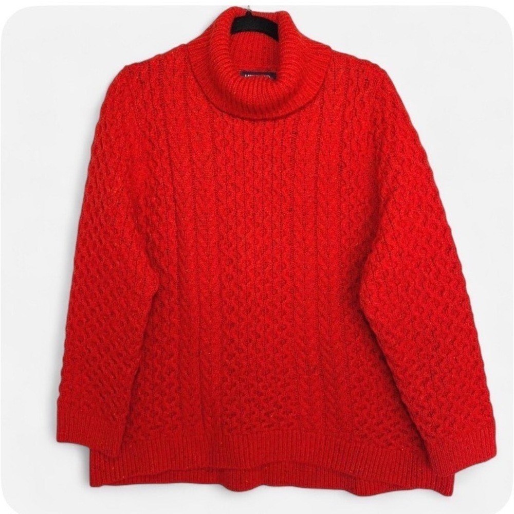 Lands' End Turtleneck Chunky Cozy Classic Sweater Red Cable Knit Pullover 2X